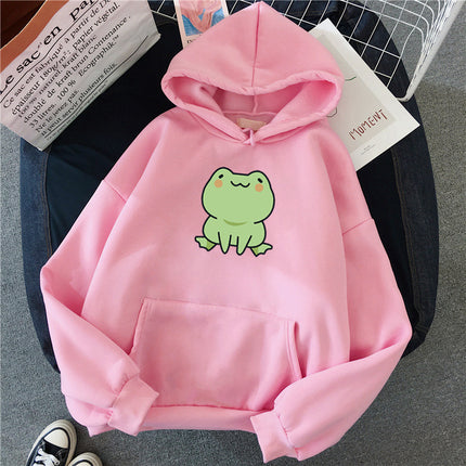 Women's Casual Hooded Jacket Frog Print Hooded Drawstring Pocket Sweatshirt Women's Hooded Long Sweatshirt