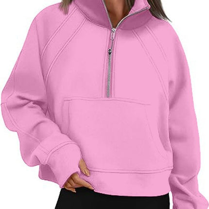 Women's Sweatshirt Fleece Half Zipper Stand Collar Pullover Sweatshirt Casual Long Sleeve Athletic Stand Collar Top Thumbhole