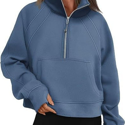 Women's Sweatshirt Fleece Half Zipper Stand Collar Pullover Sweatshirt Casual Long Sleeve Athletic Stand Collar Top Thumbhole