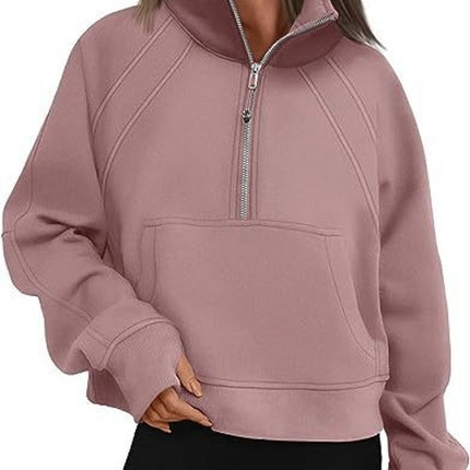 Women's Sweatshirt Fleece Half Zipper Stand Collar Pullover Sweatshirt Casual Long Sleeve Athletic Stand Collar Top Thumbhole