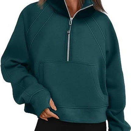 Women's Sweatshirt Fleece Half Zipper Stand Collar Pullover Sweatshirt Casual Long Sleeve Athletic Stand Collar Top Thumbhole