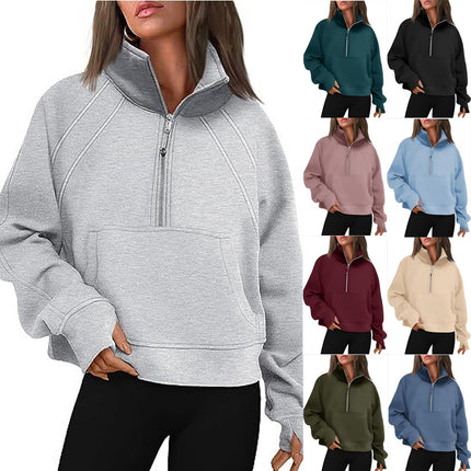 Women's Sweatshirt Fleece Half Zipper Stand Collar Pullover Sweatshirt Casual Long Sleeve Athletic Stand Collar Top Thumbhole