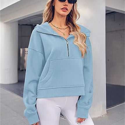 Women's wool lined collar thickened hoodie long-sleeved half-zip pullover loose sports hooded sweater