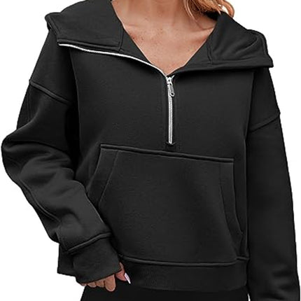 Women's wool lined collar thickened hoodie long-sleeved half-zip pullover loose sports hooded sweater