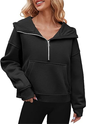 Women's wool lined collar thickened hoodie long-sleeved half-zip pullover loose sports hooded sweater