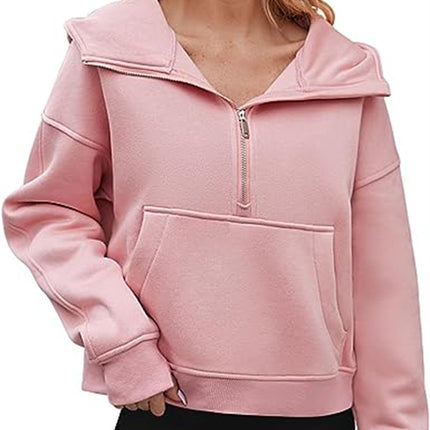 Women's wool lined collar thickened hoodie long-sleeved half-zip pullover loose sports hooded sweater