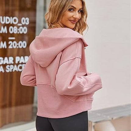 Women's wool lined collar thickened hoodie long-sleeved half-zip pullover loose sports hooded sweater