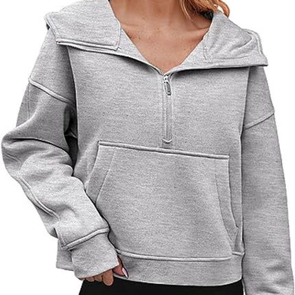 Women's wool lined collar thickened hoodie long-sleeved half-zip pullover loose sports hooded sweater