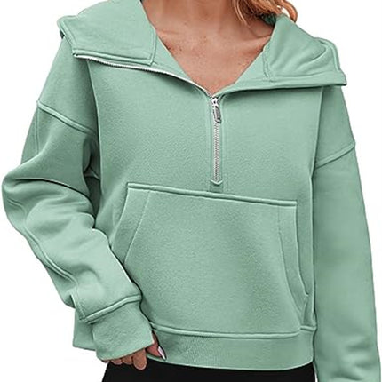 Women's wool lined collar thickened hoodie long-sleeved half-zip pullover loose sports hooded sweater