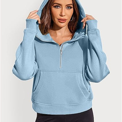 Women's wool lined collar thickened hoodie long-sleeved half-zip pullover loose sports hooded sweater