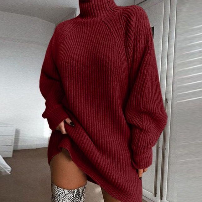 Women's Autumn and Winter Casual Half-High Neck Plug Solid Color Long Sleeve Mid-Length Knit Loose Dress Half-High Neck Clothes Dresses