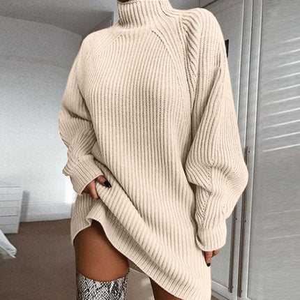 Women's Autumn and Winter Casual Half-High Neck Plug Solid Color Long Sleeve Mid-Length Knit Loose Dress Half-High Neck Clothes Dresses