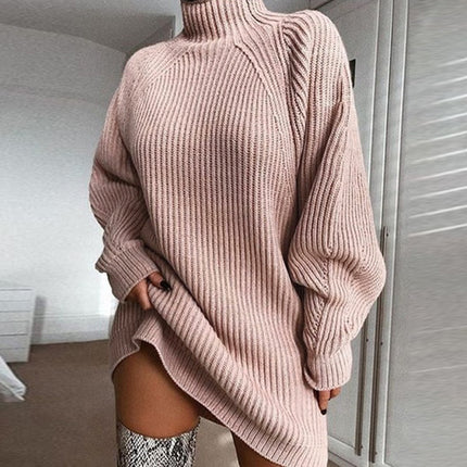 Women's Autumn and Winter Casual Half-High Neck Plug Solid Color Long Sleeve Mid-Length Knit Loose Dress Half-High Neck Clothes Dresses