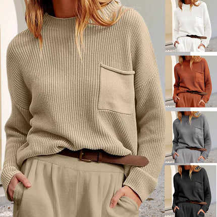 Sweaters for Women Trendy Women's Solid Color Autumn Winter Round Neck Long Sleeve Pocket Knitted Sweater Lazy