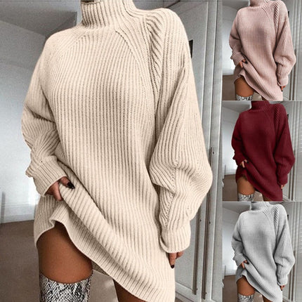 Women's Autumn and Winter Casual Half-High Neck Plug Solid Color Long Sleeve Mid-Length Knit Loose Dress Half-High Neck Clothes Dresses