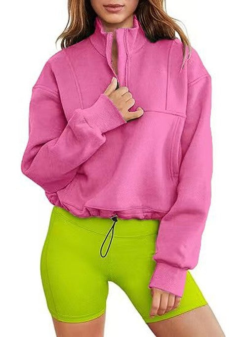 Women's solid color stand-up collar half-zip hem drawstring casual padded sweater autumn ladies sweatshirt