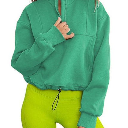 Women's solid color stand-up collar half-zip hem drawstring casual padded sweater autumn ladies sweatshirt