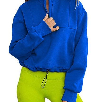 Women's solid color stand-up collar half-zip hem drawstring casual padded sweater autumn ladies sweatshirt