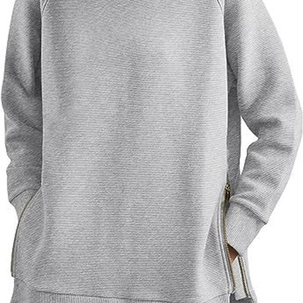 Women's Sweatshirt Solid Color Round Neck Pullover Loose Long Sleeve Pullover Soft Casual Side Zipper Hem Women's Top