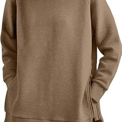 Women's Sweatshirt Solid Color Round Neck Pullover Loose Long Sleeve Pullover Soft Casual Side Zipper Hem Women's Top