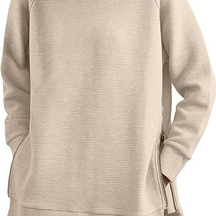 Women's Sweatshirt Solid Color Round Neck Pullover Loose Long Sleeve Pullover Soft Casual Side Zipper Hem Women's Top