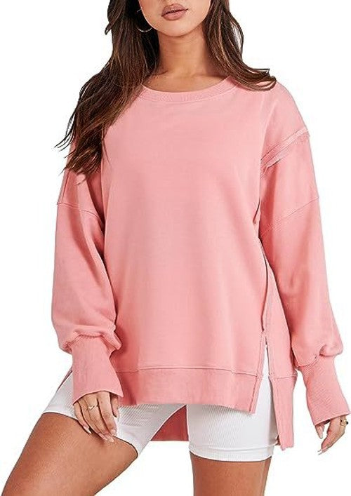 Solid Color Round Neck Pullover Long Sleeve Front Short Back Split Dress Midi Women Shirt Fitness Top