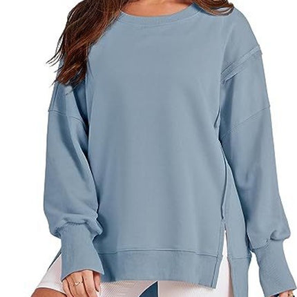 Solid Color Round Neck Pullover Long Sleeve Front Short Back Split Dress Midi Women Shirt Fitness Top