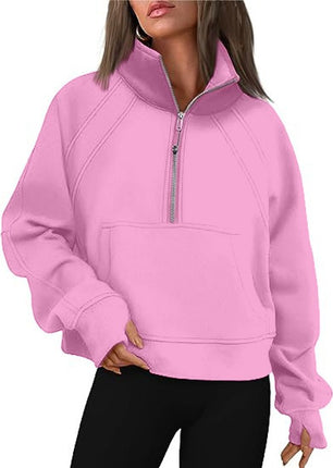 Women's Sweatshirts Fleece Lined Half Zipper Crop Pullover Tops Funnel Neck Long Sleeve Sweater Thumb Hole