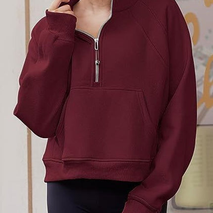 Women's Sweatshirts Fleece Lined Half Zipper Crop Pullover Tops Funnel Neck Long Sleeve Sweater Thumb Hole