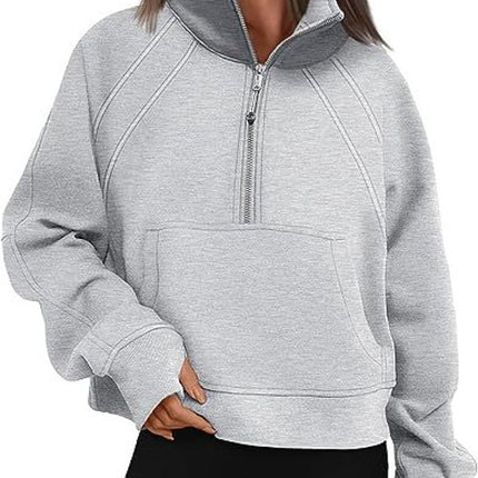 Women's Sweatshirts Fleece Lined Half Zipper Crop Pullover Tops Funnel Neck Long Sleeve Sweater Thumb Hole