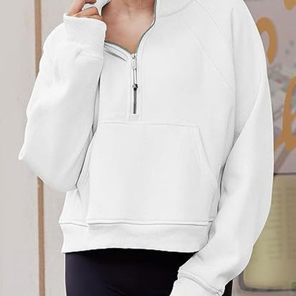 Women's Sweatshirts Fleece Lined Half Zipper Crop Pullover Tops Funnel Neck Long Sleeve Sweater Thumb Hole