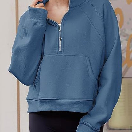 Women's Sweatshirts Fleece Lined Half Zipper Crop Pullover Tops Funnel Neck Long Sleeve Sweater Thumb Hole