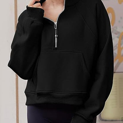 Women's Sweatshirts Fleece Lined Half Zipper Crop Pullover Tops Funnel Neck Long Sleeve Sweater Thumb Hole