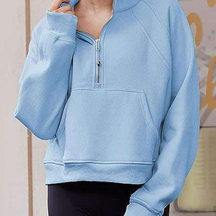 Women's Sweatshirts Fleece Lined Half Zipper Crop Pullover Tops Funnel Neck Long Sleeve Sweater Thumb Hole