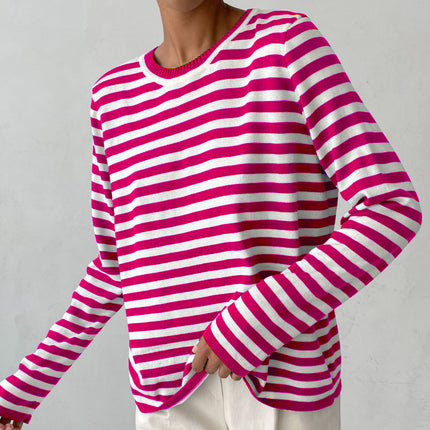 Crew Neck Sweaters for Women Striped Sweater Long Sleeve Lightweight Pullover Knit Tops for Spring Fall