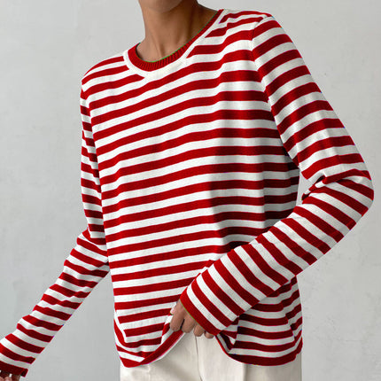 Crew Neck Sweaters for Women Striped Sweater Long Sleeve Lightweight Pullover Knit Tops for Spring Fall