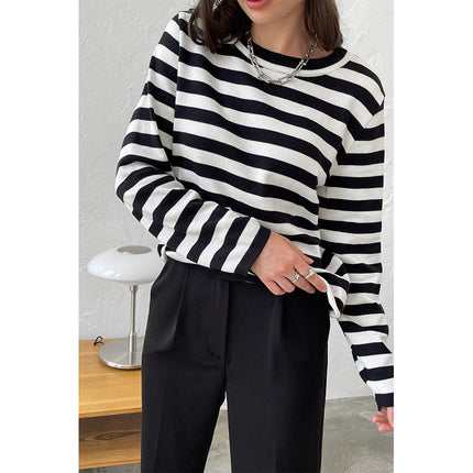 Crew Neck Sweaters for Women Striped Sweater Long Sleeve Lightweight Pullover Knit Tops for Spring Fall