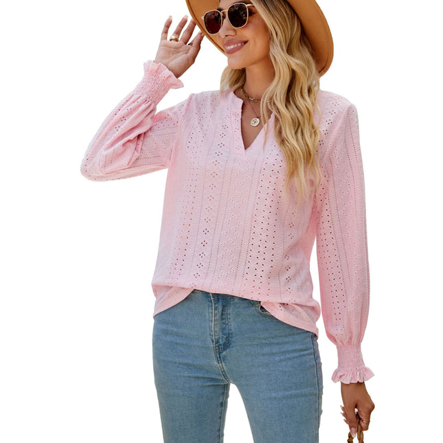 Solid color hollowed out pleated ruffle long-sleeved shirt casual ruffles loose V-neck long-sleeved big yards ladies blouse