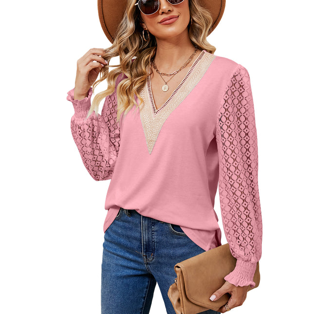 Women's Solid Color Lace Splicing V Neck Long Sleeve Loose T Shirt Top Casual Long Sleeve Shirt Basic Tops