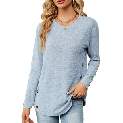 Women's Spring and Autumn Casual Round Neck Tops Long Sleeve Loose Side Button Fashion T-Shirt Solid Color Basic Tops