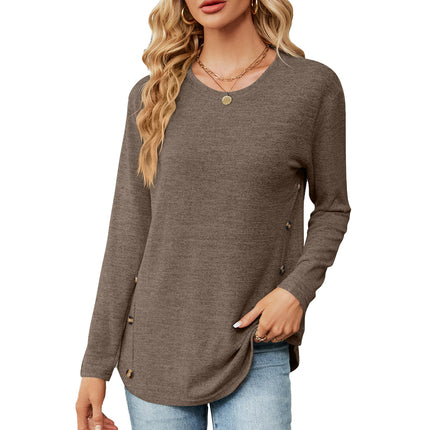 Women's Spring and Autumn Casual Round Neck Tops Long Sleeve Loose Side Button Fashion T-Shirt Solid Color Basic Tops