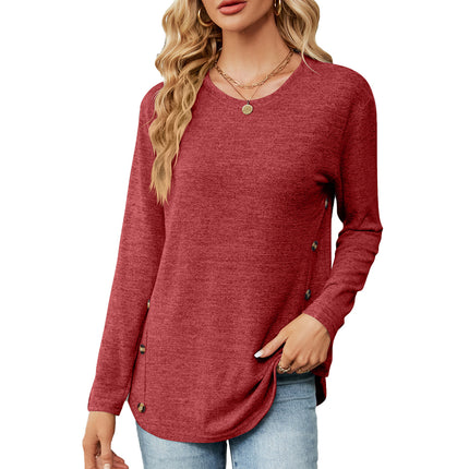 Women's Spring and Autumn Casual Round Neck Tops Long Sleeve Loose Side Button Fashion T-Shirt Solid Color Basic Tops