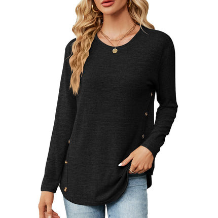 Women's Spring and Autumn Casual Round Neck Tops Long Sleeve Loose Side Button Fashion T-Shirt Solid Color Basic Tops