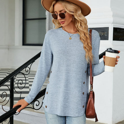 Women's Spring and Autumn Casual Round Neck Tops Long Sleeve Loose Side Button Fashion T-Shirt Solid Color Basic Tops