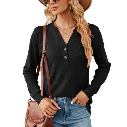 Women's deep V-neck blouse buttons long-sleeved casual women's shirt solid color loose autumn shirt