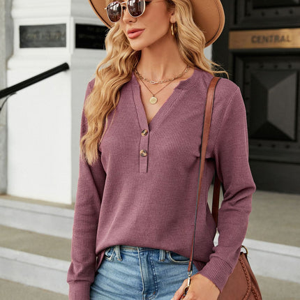 Women's deep V-neck blouse buttons long-sleeved casual women's shirt solid color loose autumn shirt