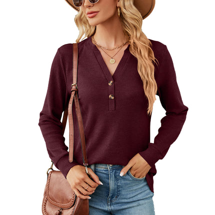 Women's deep V-neck blouse buttons long-sleeved casual women's shirt solid color loose autumn shirt