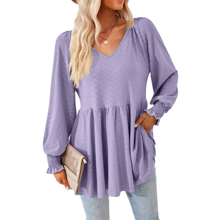 Ruffle Solid Color Splicing V-Neck Jacquard Women's Tops Comfortable Sweatshirt Long Sleeve Loose T Shirt Trendy Solid Color Tops