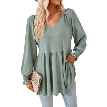 Ruffle Solid Color Splicing V-Neck Jacquard Women's Tops Comfortable Sweatshirt Long Sleeve Loose T Shirt Trendy Solid Color Tops