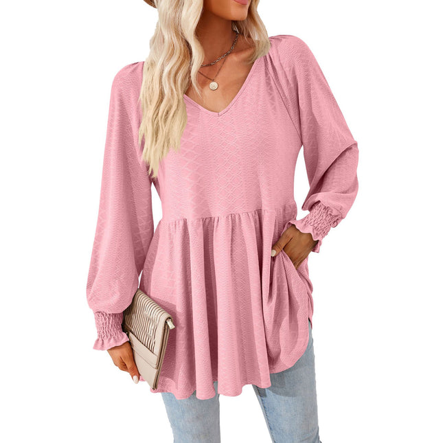 Ruffle Solid Color Splicing V-Neck Jacquard Women's Tops Comfortable Sweatshirt Long Sleeve Loose T Shirt Trendy Solid Color Tops